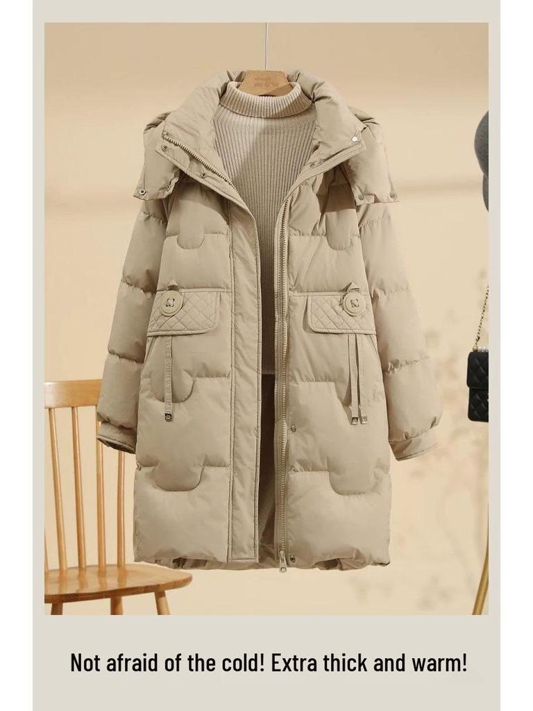 Women's Mid-Length Plus Size Warm Down Jacket, Beige/Black