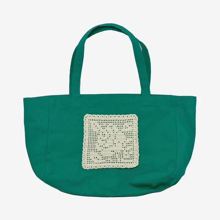 Flower Doily Big Canvas Shopper Bag _ Green (Flower Doily Circle Knit Handmade Crochet Big Canvas Shopper Bag)