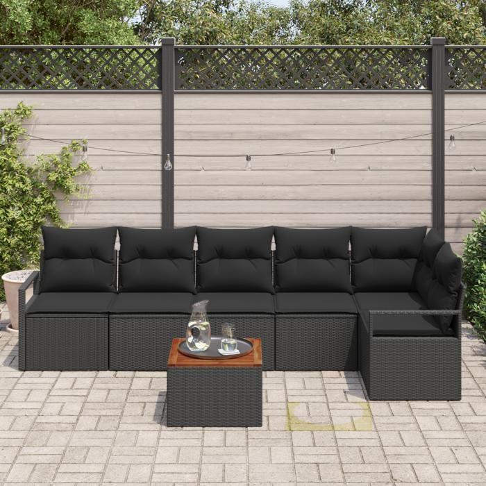 Ensemble de Canapés de Jardin 7 pièces avec Coussins Noir Rattan Poly Acacia, Canapé de Jardin 2 places avec Coussins Noir 3347716
