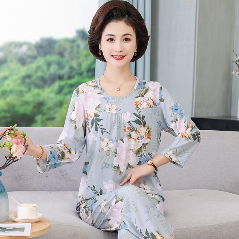 Mom Cotton and Silk Pajamas Women's Spring and Autumn Summer Long-sleeved Two-piece Set Middle-aged and Elderly Large-size Printed Loungewear Women