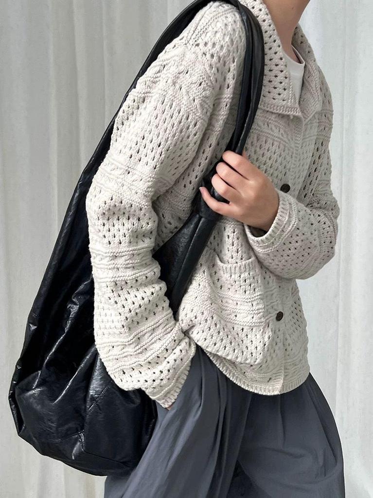 Korean Style Retro Knit Cardigan - Short Sleeve, Hollow-Out Design for Autumn/Winter