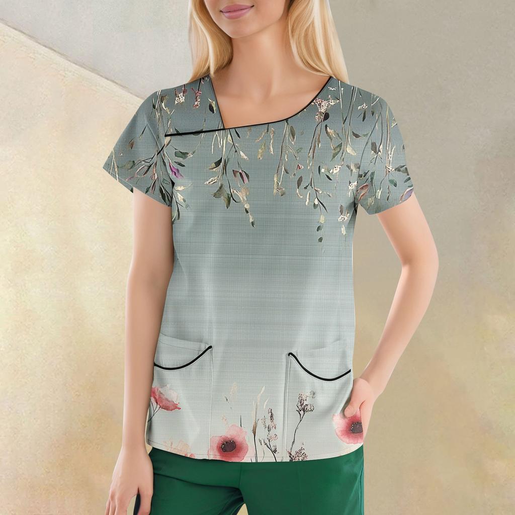 Women's Casual  Print Short Sleeve Sloping Collar Workwear Top With Double Pockets