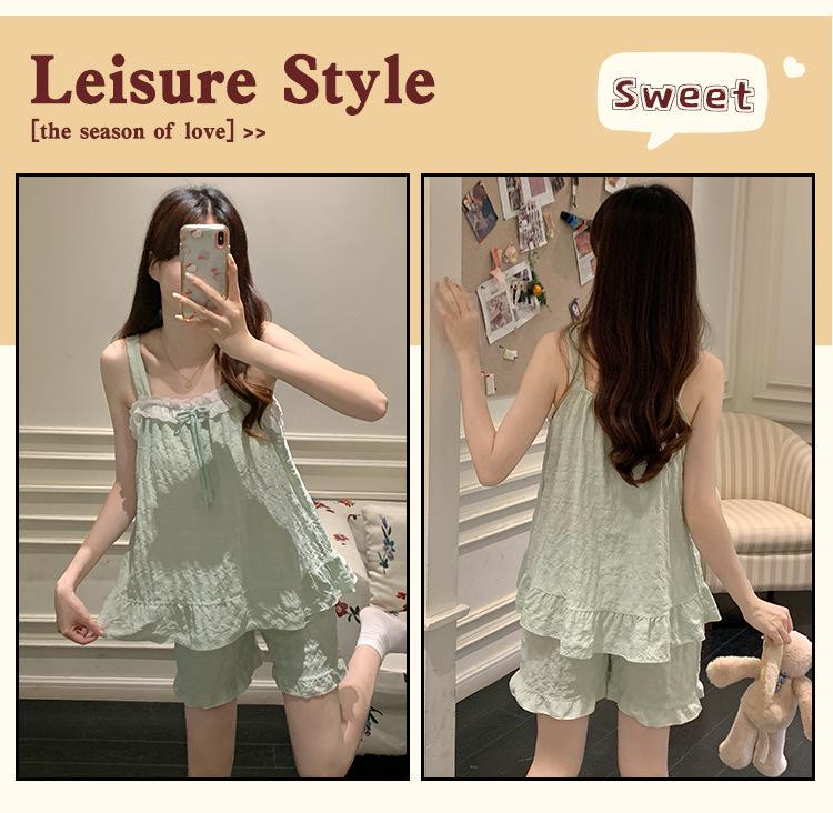 2026 Summer Woven Cloud Cotton Pajama Set with Chest Pads - Women’s Sweet Princess Cami Home Wear