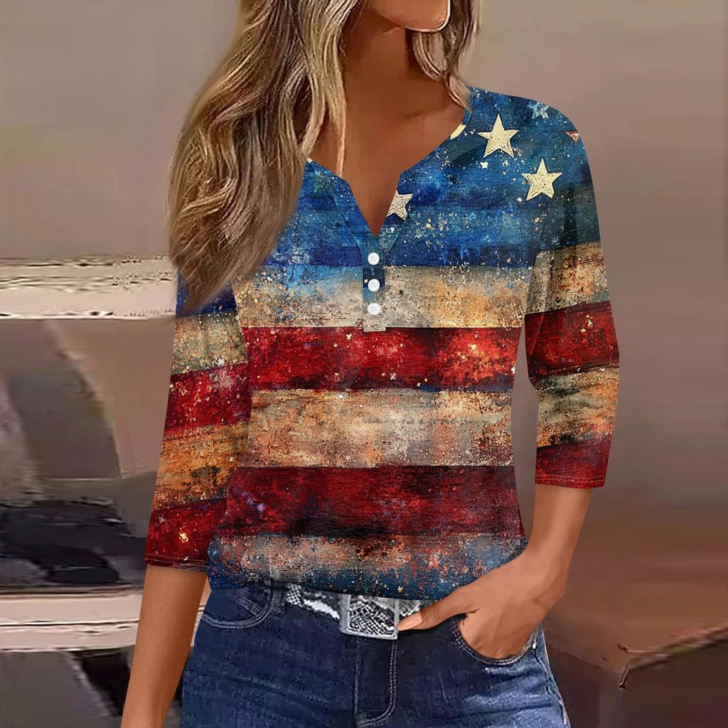 Damen T-Shirt mit Aufdruck, Knopfleiste, 3/4-Ärmel, modisch für den Alltag und das Wochenende, Basic, V-Ausschnitt, normales Oberteil