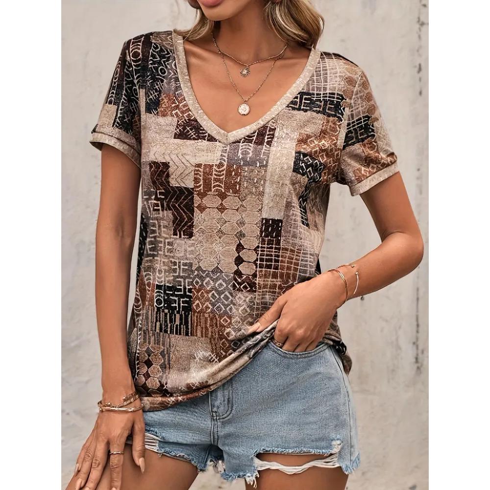 Simple Women's Striped Printed V-neck Top Casual Versatile Short-sleeved Fashion T-shirt Comfortable T-Shirts Women’s