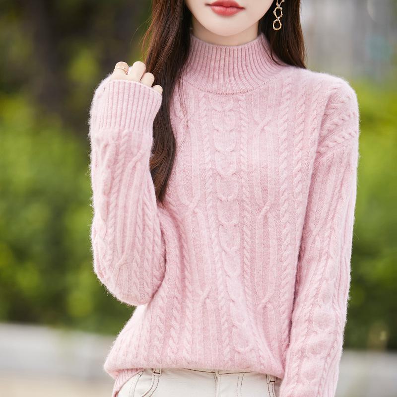 Autumn 100% Pure Wool Cable Knit Half-High Neck Sweater - Solid Color, Loose Fit