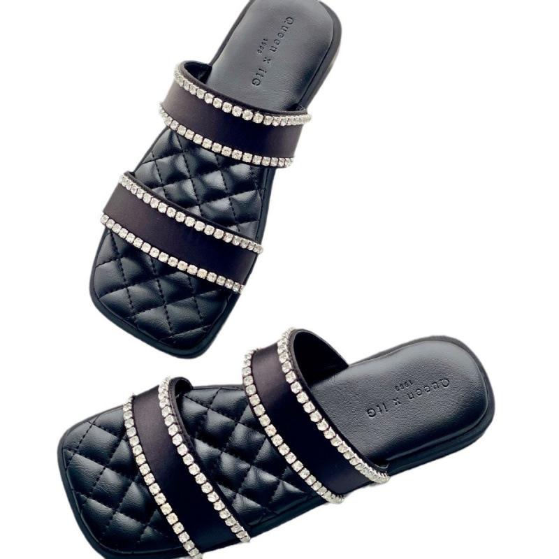~ New Summer Noble Satin Word with Sparkling Rhinestone Square Head Flat Bottom Cool Slippers