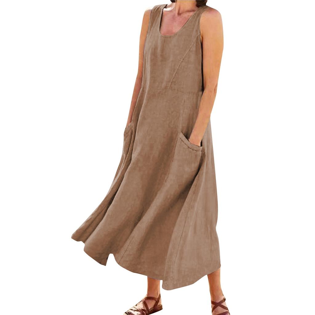 Women's Fashion Casual Colour Sleeveless Cotton Linen Pocket Dress