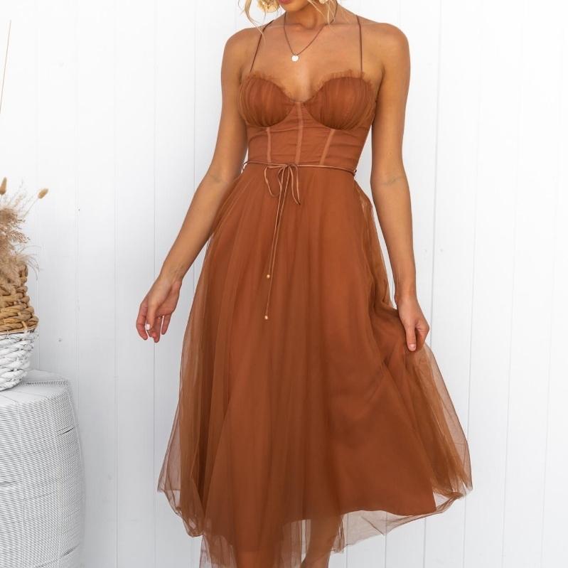 QICED ტემპერამენტი Sexy Sling Mesh Party საღამოს კაბა