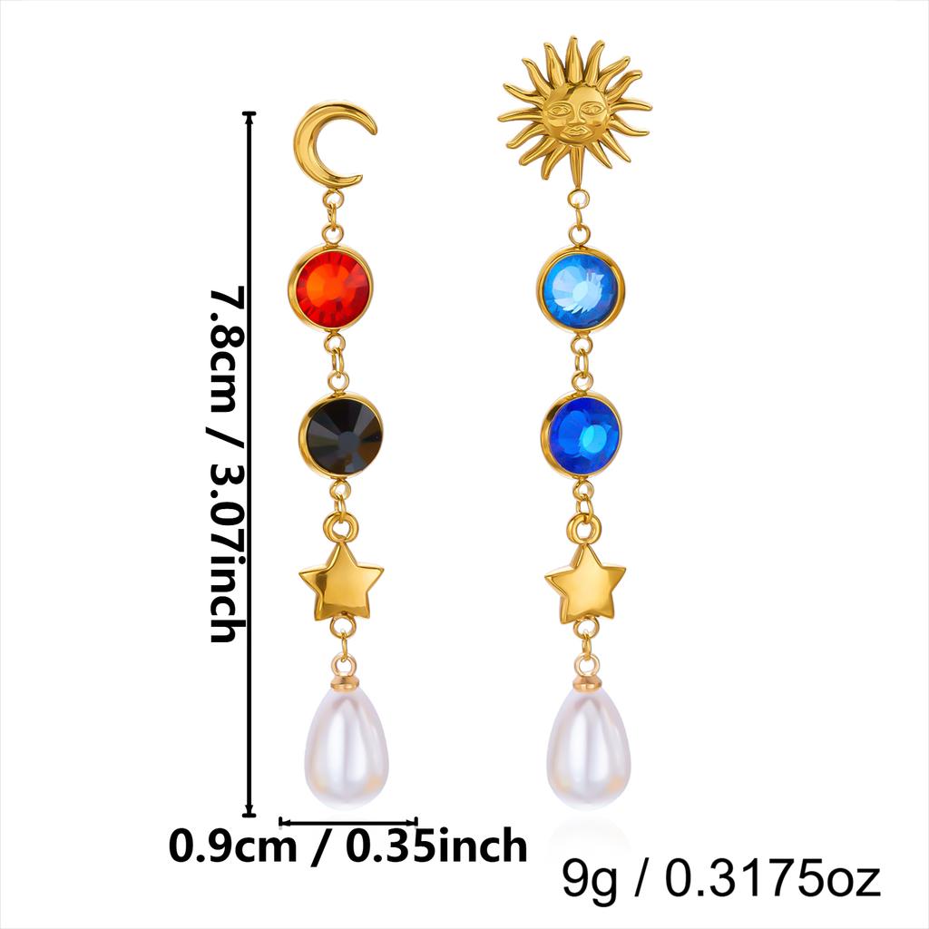 Gold Color Sun Moon Colorful Cubic Zirconia Pearl Tassel Earrings for Women Stainless Steel Long Dangle Party Jewelry Gifts Set