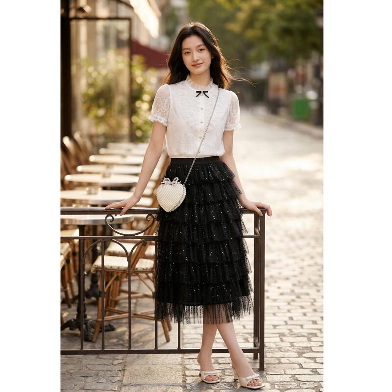Women s Round Neck Lace Embroidered Puff Sleeve Blouse XL