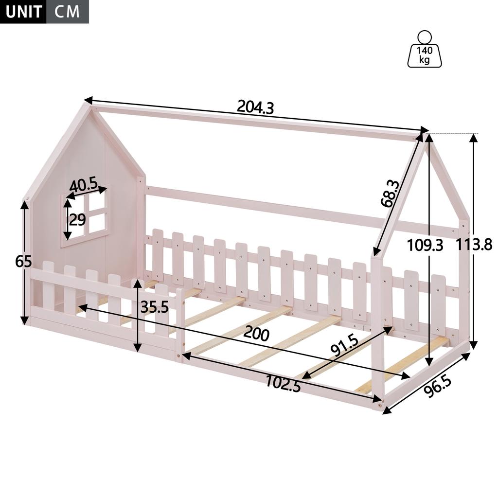 90*200cm Düz Yatak, Çocuk Yatağı, Ev Raylı, Pembe