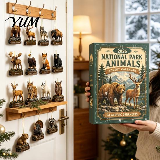 Daily Surprise Countdown Gifts National Park Animal Arrival Calendar, 24 Days Acrylic Figures, Festive Calendar 2D Flat Hanging Ornaments for