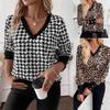 Autunno Elegante Donna Patchwork Scollo a V Stampa Leopardo Bottone alla Moda Larga Minimalista Casual Felpa Maglietta a Maniche Lunghe Top