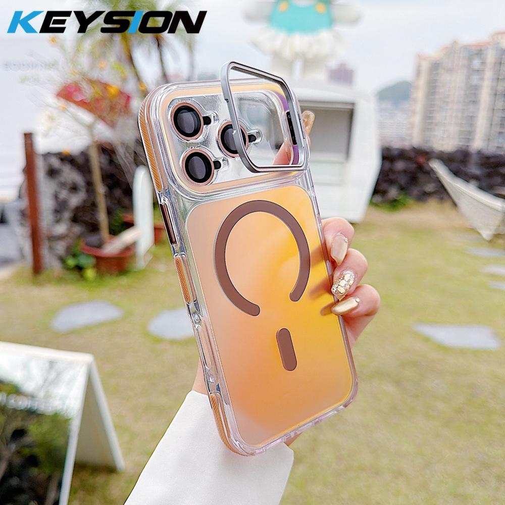 KEYSION Laser Gradient Magnetic Case for MagSafe for iPhone 11 12 13 14 15 17 Pro Max 16Plus Air 17e Lens Stand Shockproof Cover