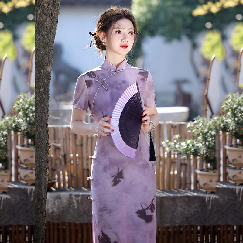 Purple Send Test National Style Chinese Long Improved Cheongsam 1011 New Young Women's Retro Slim Short Sleeve Spring and Summer