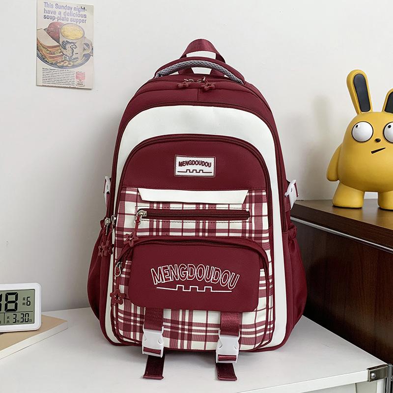 School bag Korean style forest-style elementary school backpack, high aesthetic plaid color-blocking, collegiate style, multi-compartment backpack 