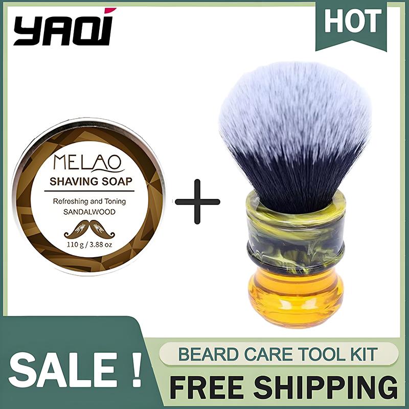 Yaqi 24mm Wet Shaving Brush & Sandalwood Soap Set For Men Travel Beard Care Tool Black/White Tuxedo Synthetic Fibre Resin Handle