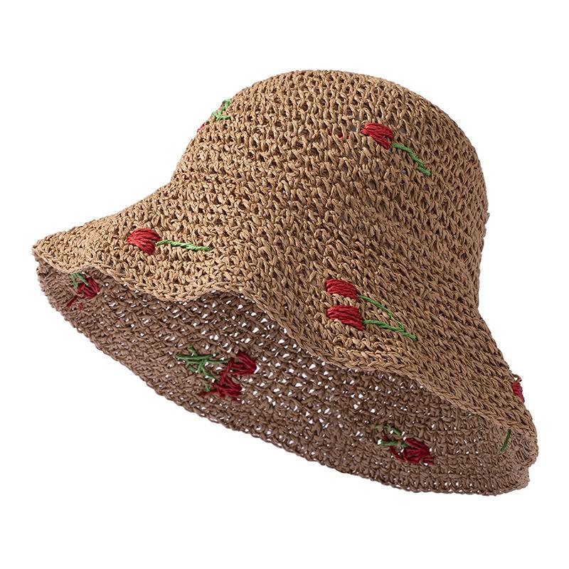 Chapeau seau mignon style vacances avec cerises et paille - Chapeau de soleil à large bord pour femmes - Chapeau de paille pour la plage et la protection solaire One size fits all chameau