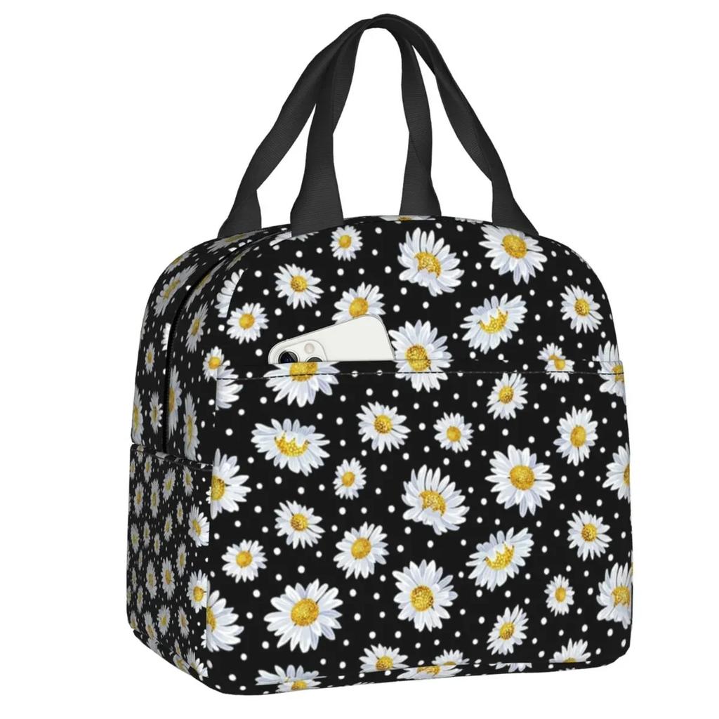 Floral Daisy Print Insulated Lunch Bag for Women Chamomile Flowers Cooler Thermal Lunch Tote Box Portable Picnic Food Bento Bags