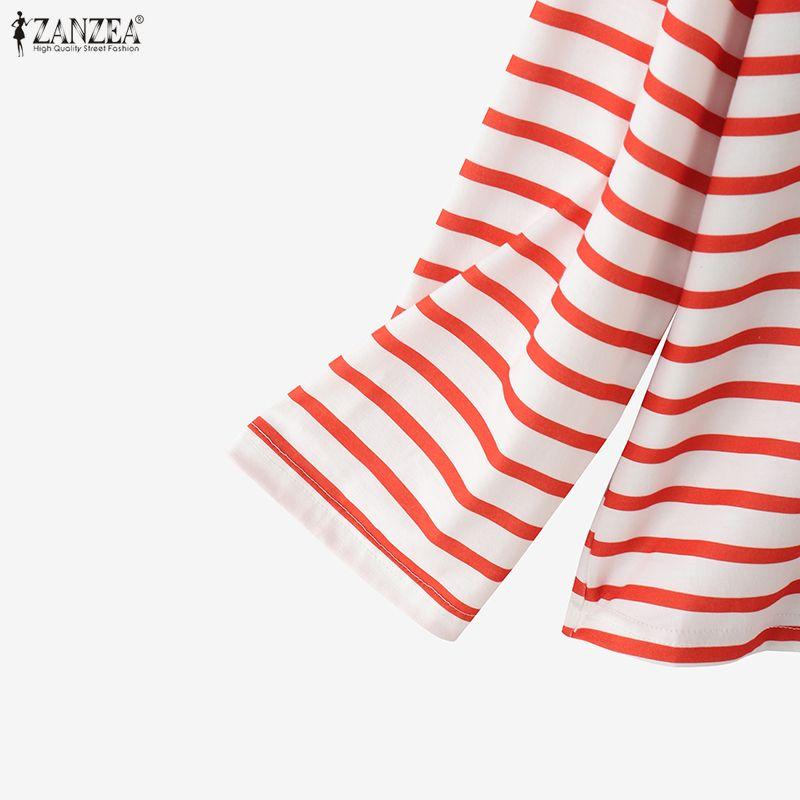 ZANZEA Bluză lejeră, cu mâneci lungi, în dungi, cu gât rotund