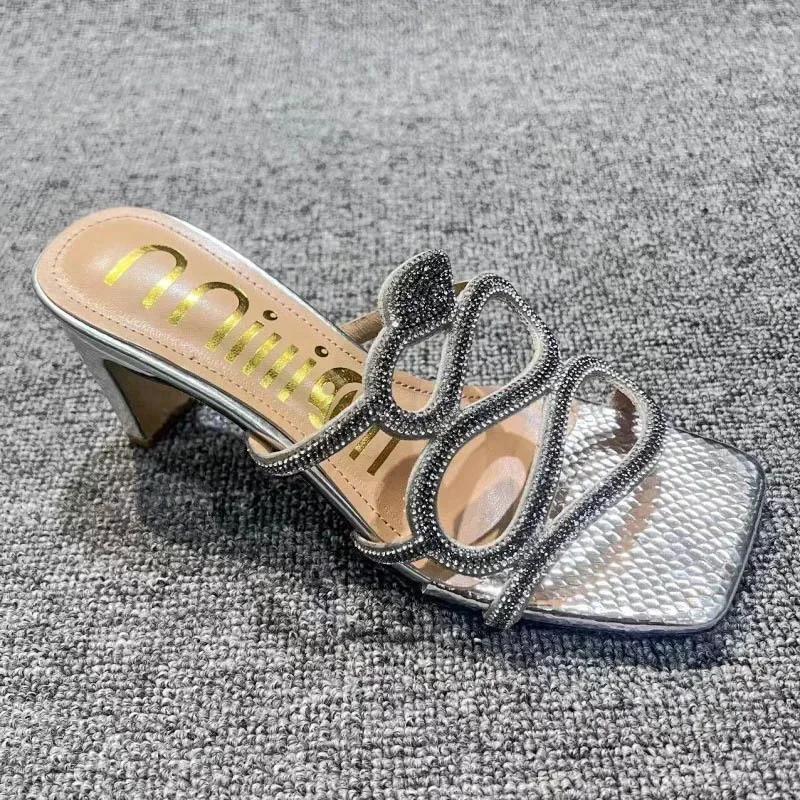 Fashion Rhinestone Slippers Summer  Hollow Out Square Heels Sandals Sexy Christmas Party Shoes Plus Size Square Toe Women's Shoes