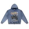 DTG Print Knitted Denim Zip-Up Hoodie Streetwear Motorcycle Brother Print Zipper Hoodies  