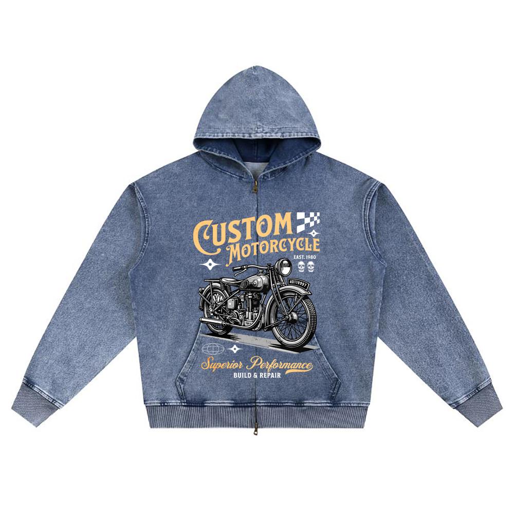 DTG Print Knitted Denim Zip-Up Hoodie Streetwear Motorcycle Brother Print Zipper Hoodies  