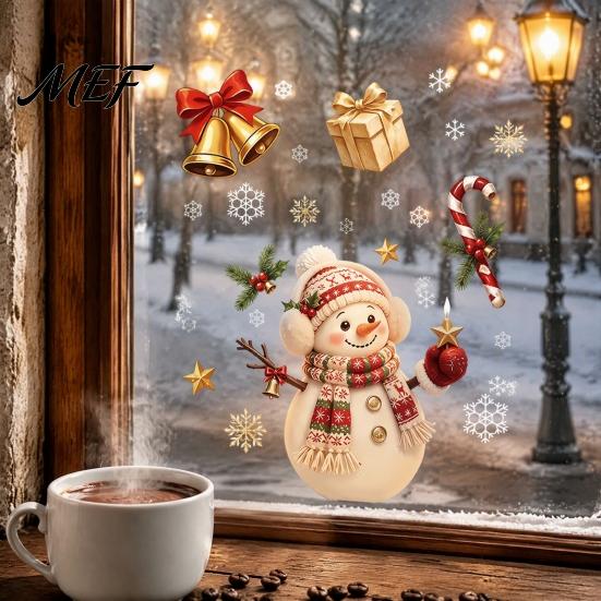 Winter Wonderland Ornaments Christmas Window Cling, Santa/Snowman/House/ Tree Patterns Print, Waterproof Snowman Decorations PVC