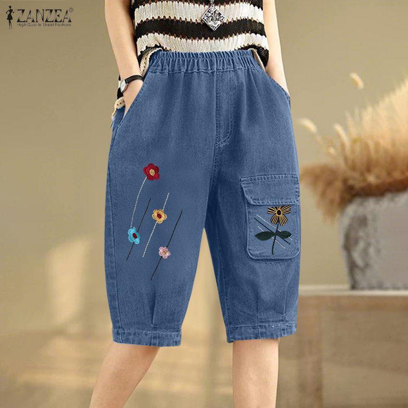 ZANZEA Women Summer Floral Print Elastic Waist Casual Capris Pants
