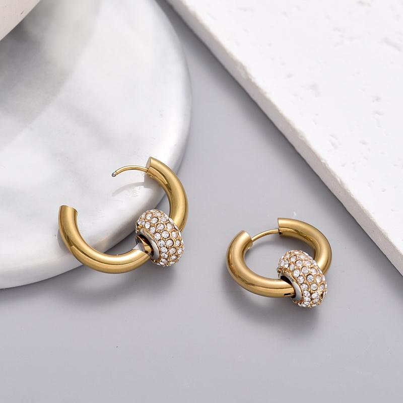 Classic Women's Hoop Earrings Stainless Steel Crystal Rhinestone Round Geometric Gold Silver Color Vintage Jewelry Party Gift