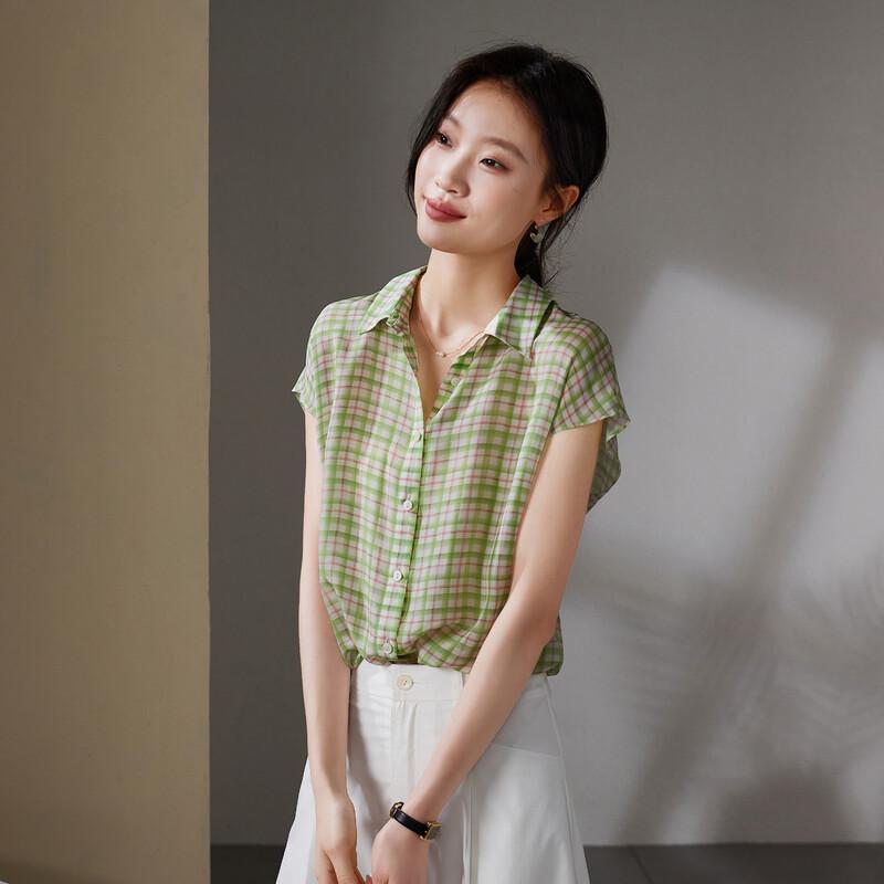 SOFSIL 2026 Summer Silk Plaid Short-Sleeve Lapel Shirt