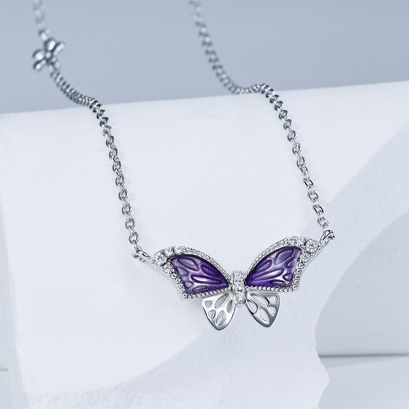 Sweet Flower Purple Butterfly Necklace Design Sense Niche Women's 925 Sterling Silver Pendant Versatile Clavicle Chain