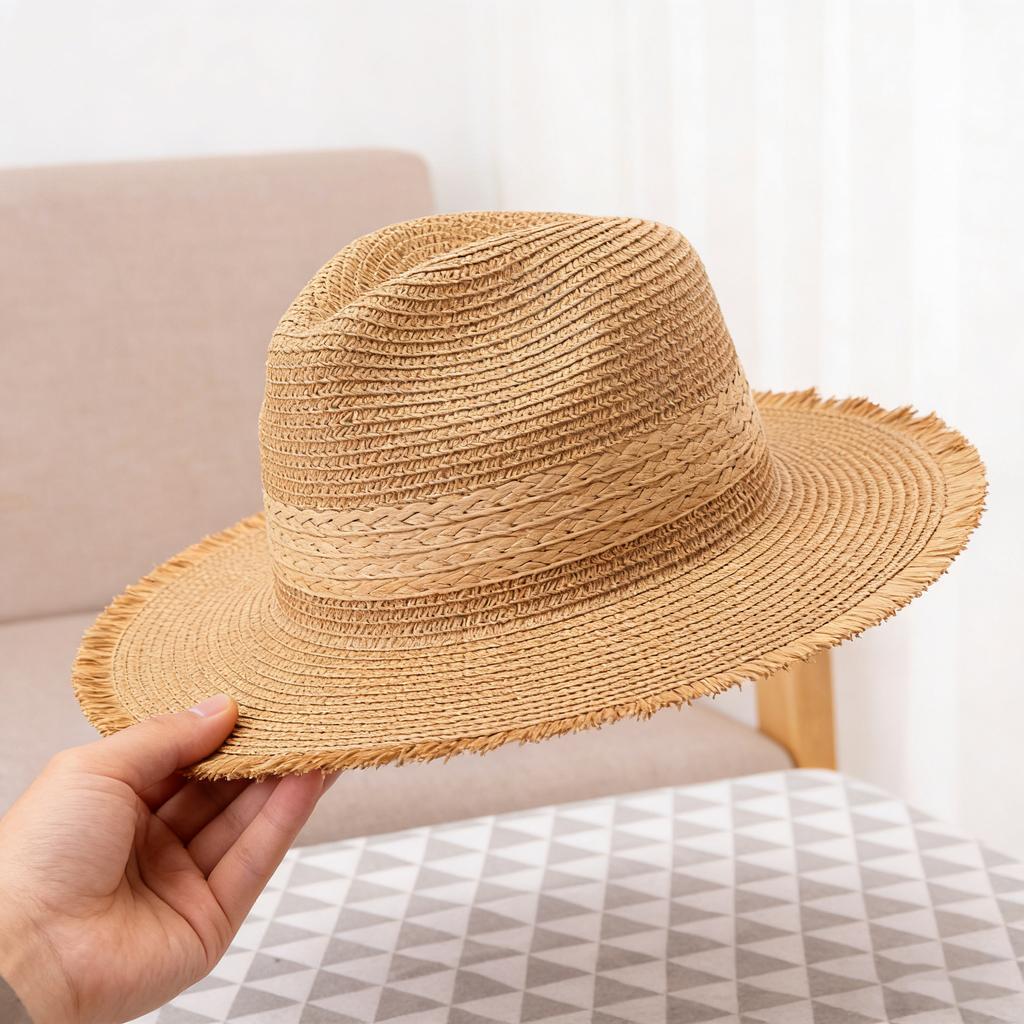Womens Vintage Straw Hat Two Tone Raw Edge Oversized Brim Korean Style Sun Protection Beach Summer Fashion Luxury Trendy Sun Hat