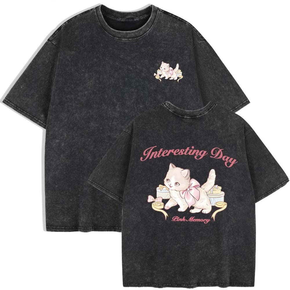 

Elegant Little Cat Prints Washed T-Shirts Women Cotton Oversize T Shirt Casual O-Neck Short Sleeve Tops Summer Clothes S