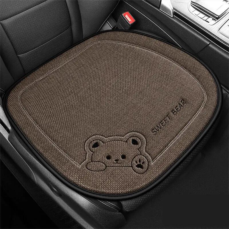 1pc Cartoon Bear Car Seat Cover Linen Anti-Slip Breathable Auto Single Pad Universal Car Square Seat Rear Seat Back Cushion