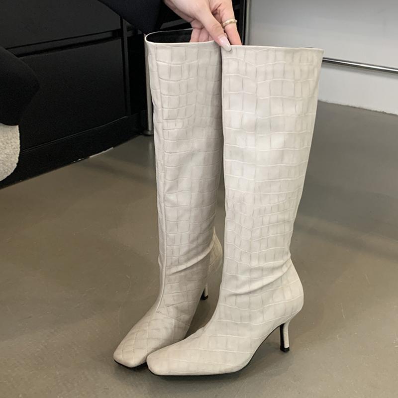 

Модные Liyke Зимние Уличный Стиль Квадратный Носок Кожаные Сапоги до Колена Женские Панк Тонкий Каблук Обувь Женские Высокие Ботильоны Zapatos De Mujer 35 белый