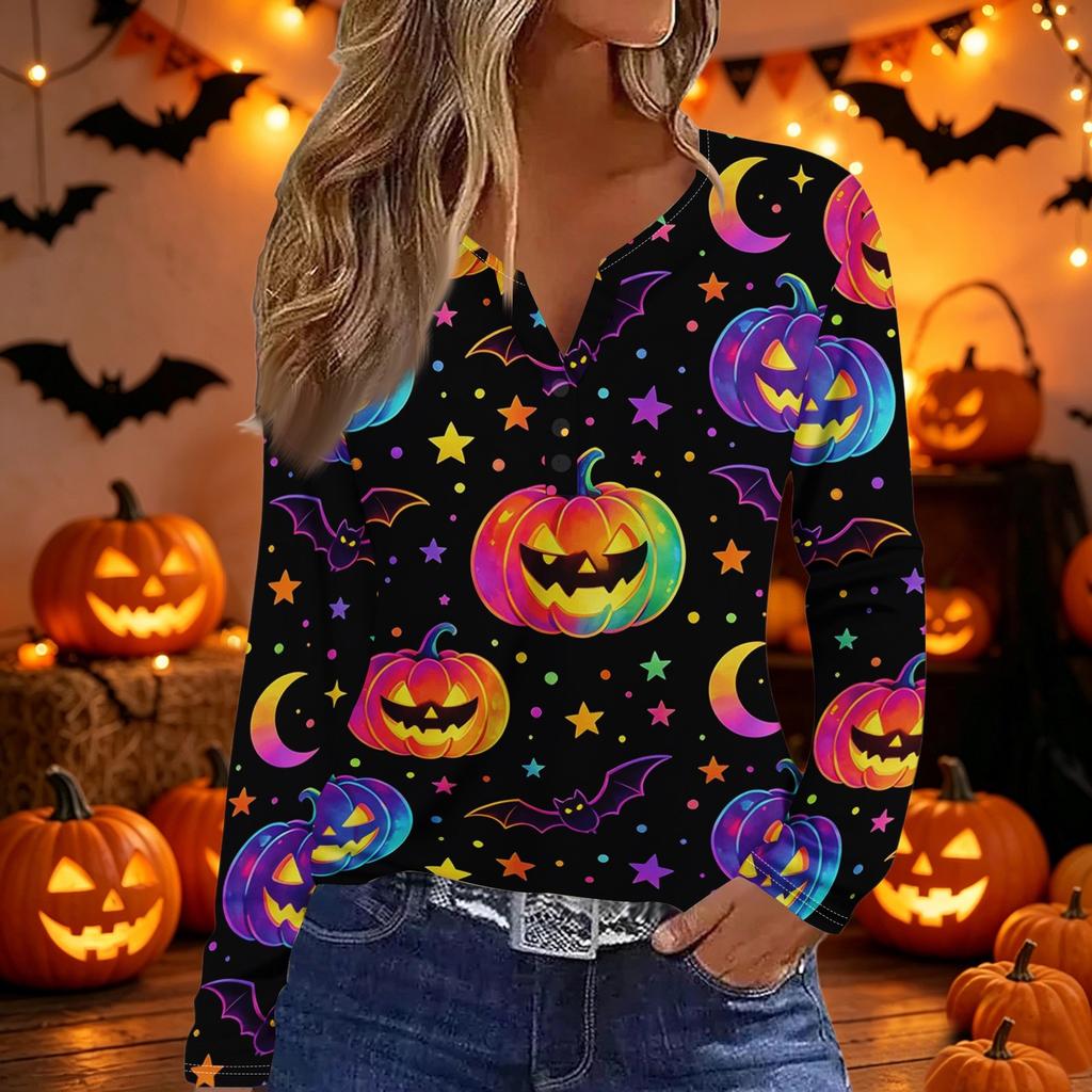Women V Neck Button Long Sleeve Top with Halloween and Letter Print Casual Loose Fit Shirt for Autumn