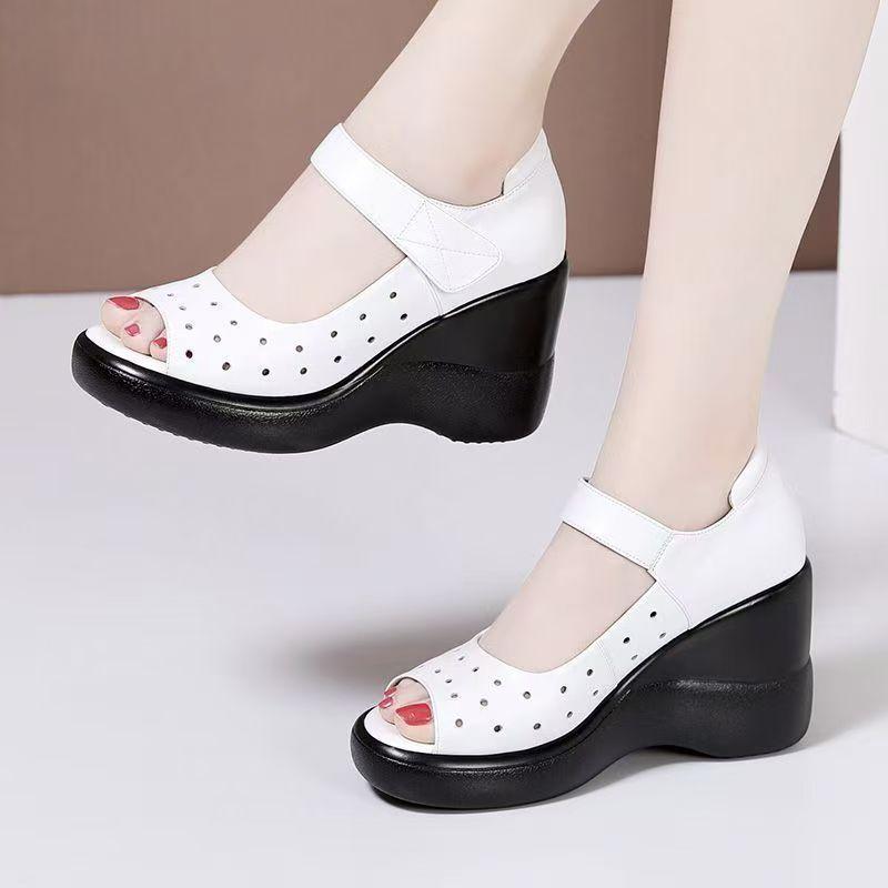 Women Summer New Leather Wedges Peep Toe Sandals Thick Sole Hollow Out Lightweight Breathable Velcro High Heel Cave Sandals