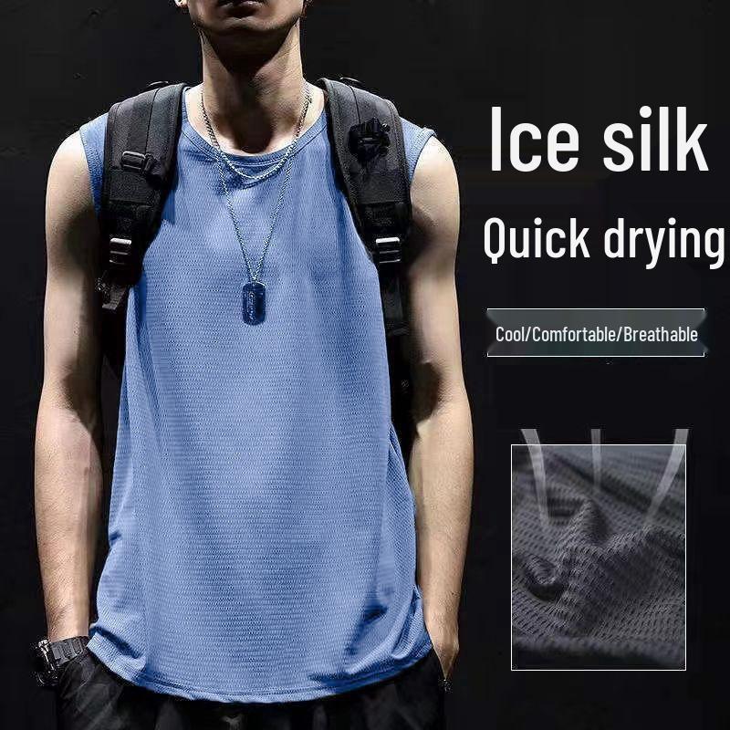 Pánské rychleschnoucí tílko bez rukávů z ledového hedvábí - Letní síťovina, Volný střih, Nadměrná velikost, Jednobarevné prodyšné sportovní oblečení.
