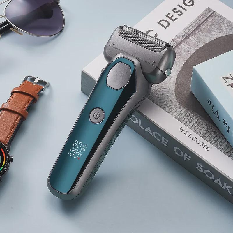 Smart Electric Shaver with Floating Three-Blade Head, Digital Display, Fast Charging & Washable Design