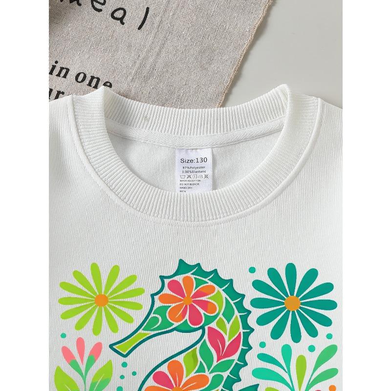 Kids Crewneck Sweatshirt, Colorful Floral Seahorse Creative Print,Daily Casual Top for Spring & Autumn