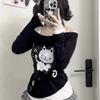 T-shirt da Donna Kawaii Juminocore Gatto Bianco Pois Scollo a Barca Manica Lunga Stile Giapponese Slim Finto Due Pezzi