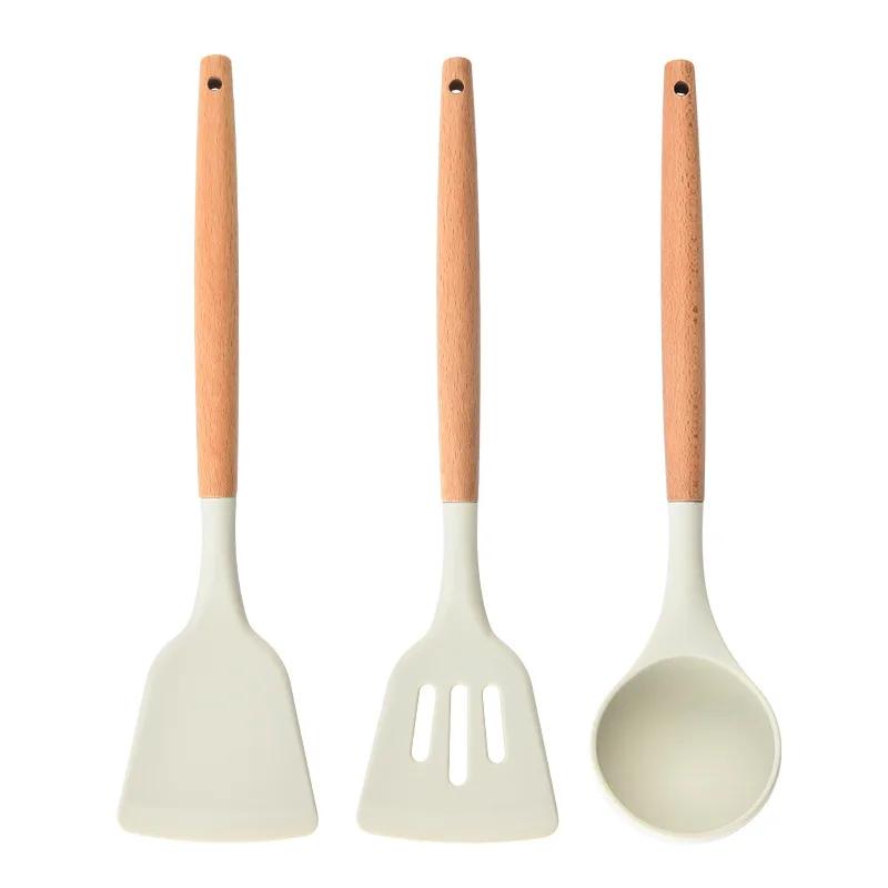 1/3Pcs Silicone Kitchen Tools Wooden Handle Kitchenware Set Non stick Pot Wooden Handle Silicone Scoop Kitchen Utensils Set