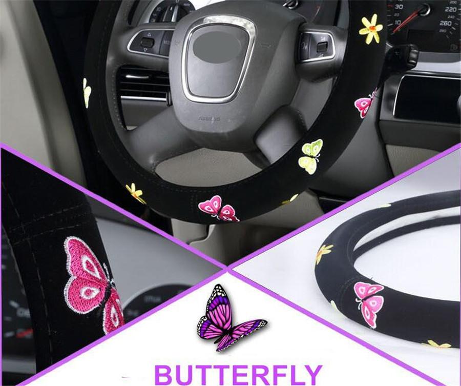 Universal 38cm Butterfly Flower Embroidery Car SUV Interior Steering Wheel Cover