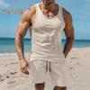 2 stk/sett Herre Sportsklær Vaffelstoff Ensfarget O-hals Ermeløs Vest Elastisk Midje Vide Ben Shorts Dress Fritidsklær