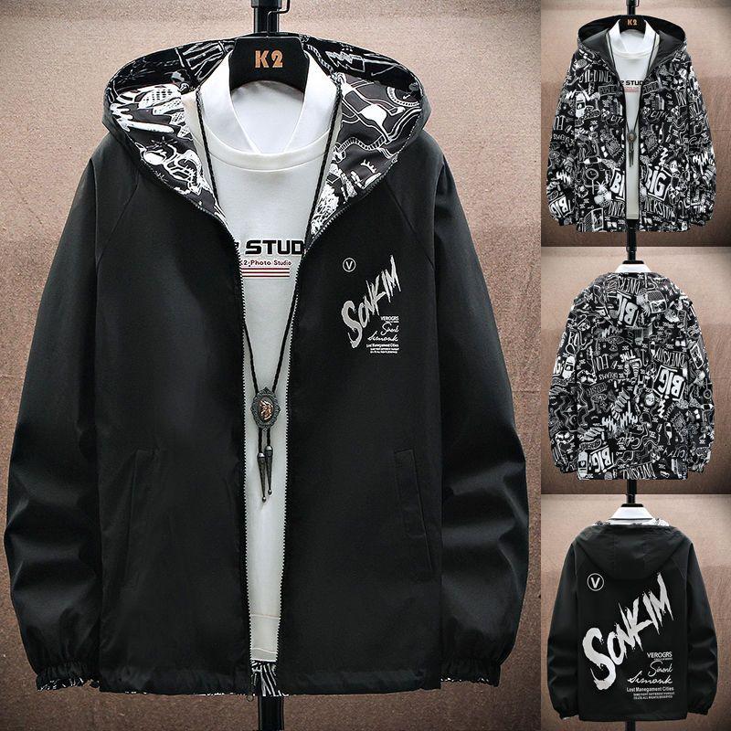

Новая модная двусторонняя мужская куртка с принтом Strewear, мужские тонкие куртки с капюшоном, ветровки, одежда больших размеров L