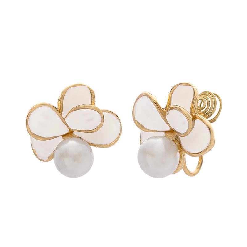 Retro French Pearl Enamel Flower Earrings for Women