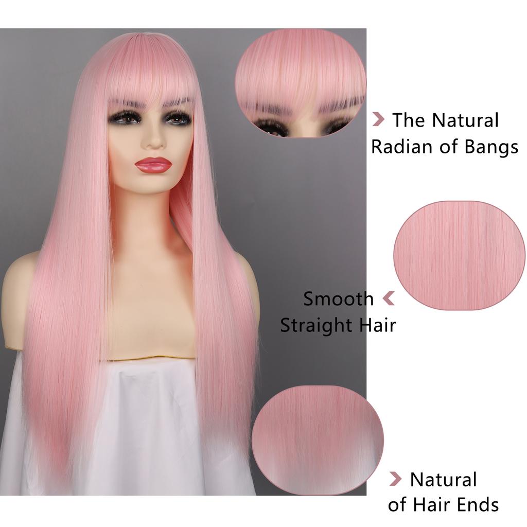 Parrucche Sintetiche Lisce con Frangia Capelli Lunghi Setosi Resistenti al Calore Parrucca Completamente Meccanica Parrucca per Cosplay Festa per Donne alla Moda