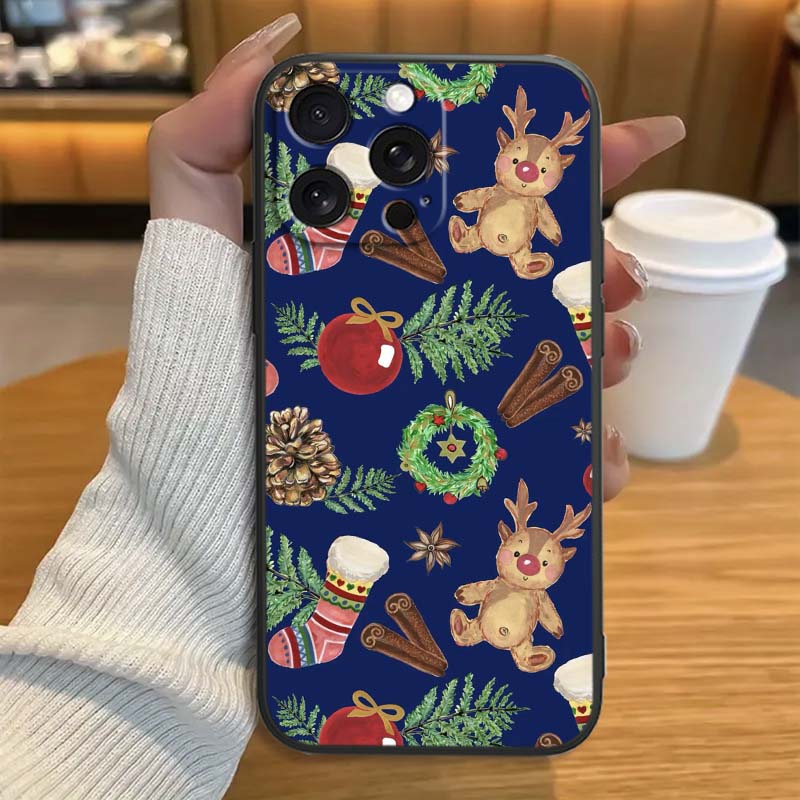 Weihnachts-Cartoon-Muster Handyhülle für Apple iPhone 17 16 16E 15 14 13 12 11 Pro Max Plus Schwarzes Weiches Silikon